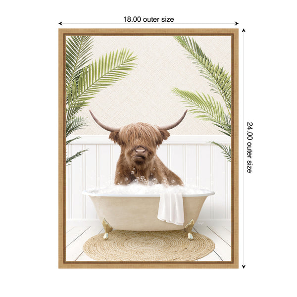Kate & Laurel Sylvie Highland Cow In Palm Bathtub Framed Canvas By Amy Peterson