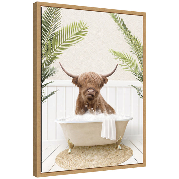 kate & laurel Sylvie Highland Cow in Palm Bathtub Framed Canvas by Amy Peterson
