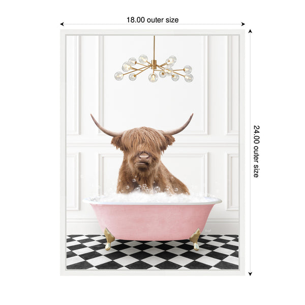 Kate & Laurel Sylvie Highland Cow In Pink Bathtub On Checker Floor Framed Canvas By Amy Peterson