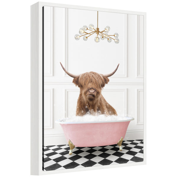 kate & laurel Sylvie Highland Cow in Pink Bathtub on Checker Floor Framed Canvas by Amy Peterson