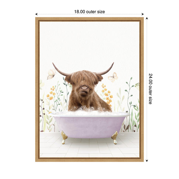 Kate & Laurel Sylvie Highland Cow In Spring Bathtub Framed Canvas By Amy Peterson