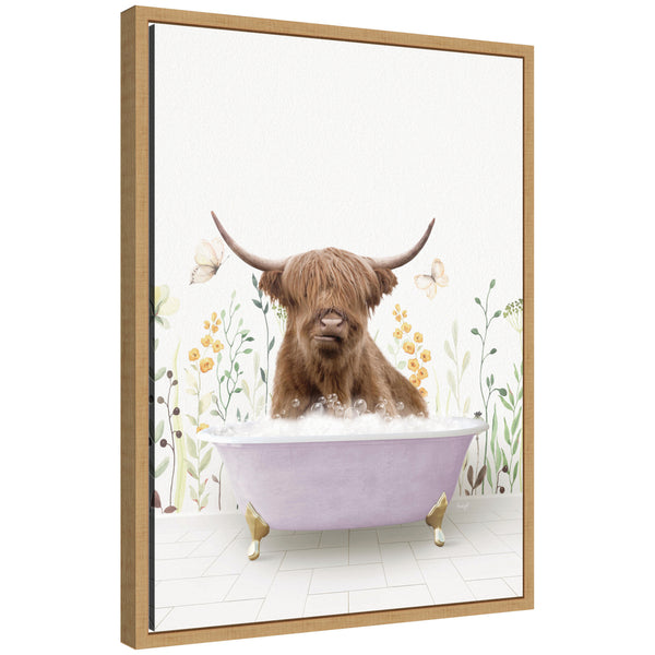 kate & laurel Sylvie Highland Cow in Spring Bathtub Framed Canvas by Amy Peterson