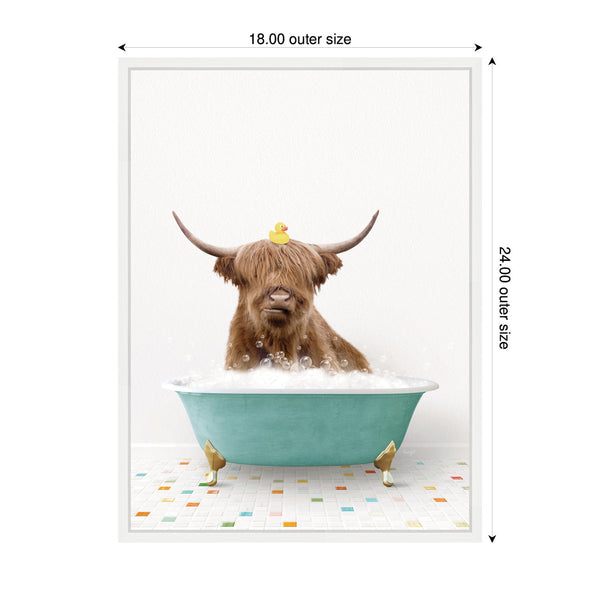 Kate & Laurel Sylvie Highland Cow In Teal Bathtub On Colored Tile Framed Canvas By Amy Peterson