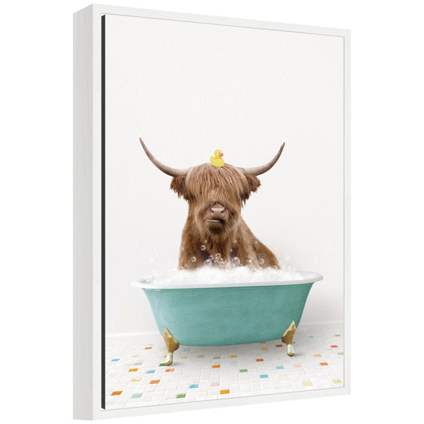 kate & laurel Sylvie Highland Cow in Teal Bathtub on Colored Tile Framed Canvas by Amy Peterson