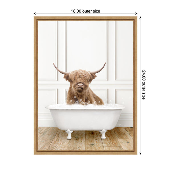 Kate & Laurel Sylvie Highland Cow In Traditional Vintage Bathtub Framed Canvas By Amy Peterson
