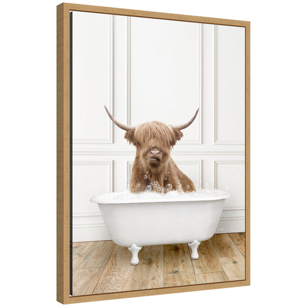 kate & laurel Sylvie Highland Cow in Traditional Vintage Bathtub Framed Canvas by Amy Peterson