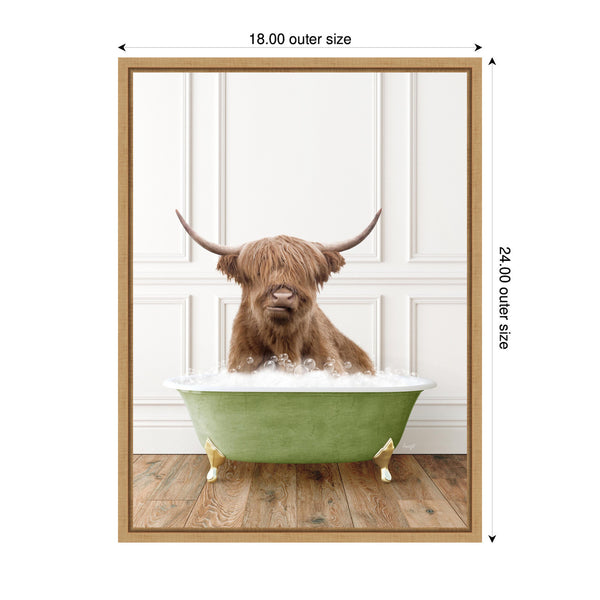 Kate & Laurel Sylvie Highland Cow In Transitional Bathtub Framed Canvas By Amy Peterson