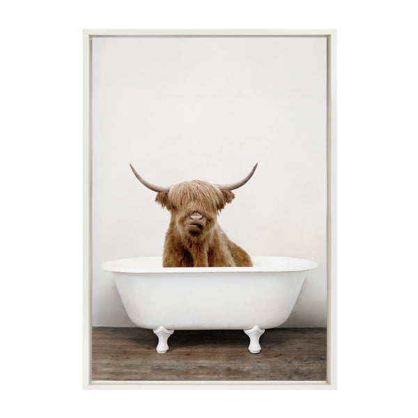 Kate & Laurel Sylvie Highland Cow In Tub Color Framed Canvas By Amy Peterson Art Studio