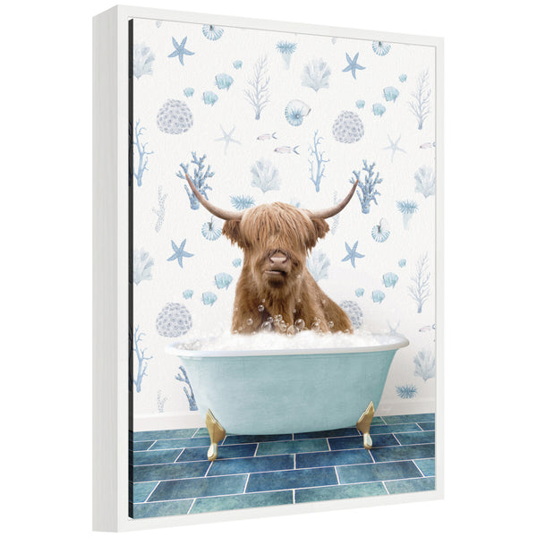 kate & laurel Sylvie Highland Cow in Under the Sea Bathtub Framed Canvas by Amy Peterson