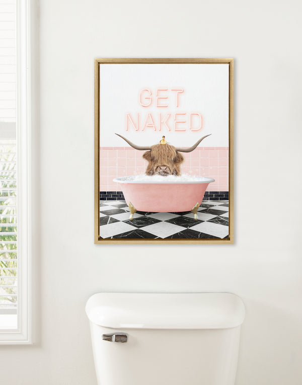 Kate & Laurel Sylvie Highland Cow Randal Neon Sign Bath Framed Canvas By Amy Peterson