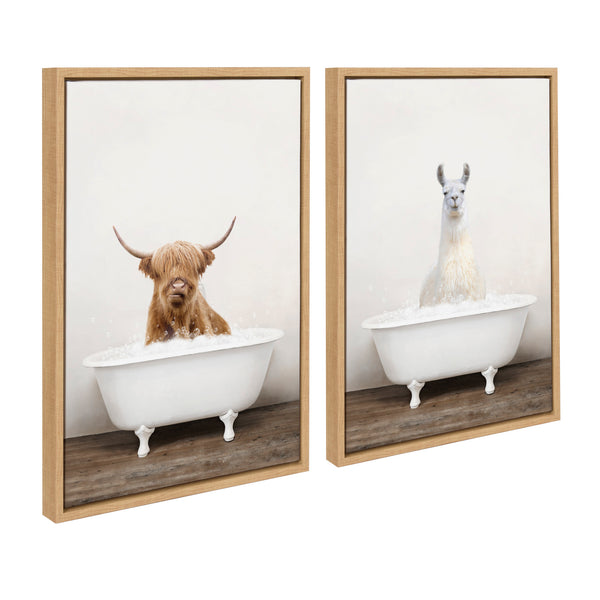 Kate & Laurel Sylvie Highland Cow Rustic Bubble Bath And Llama Rustic Bubble Bath Framed Canvas By Amy Peterson Art Studio