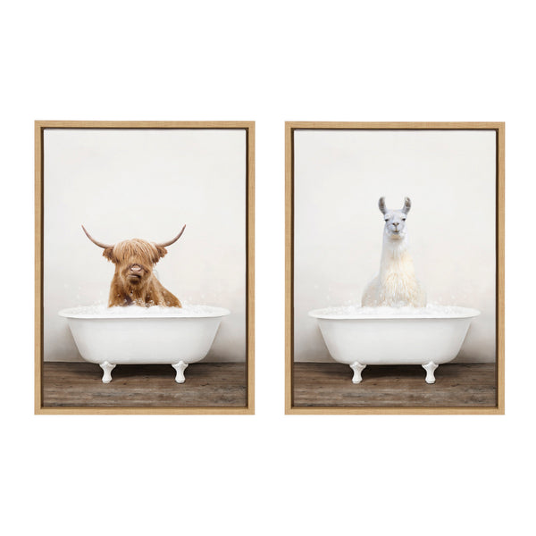 Kate & Laurel Sylvie Highland Cow Rustic Bubble Bath And Llama Rustic Bubble Bath Framed Canvas By Amy Peterson Art Studio