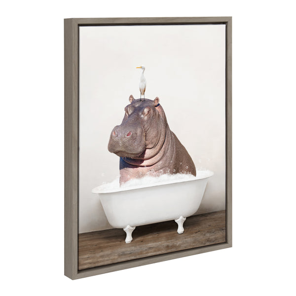 Kate & Laurel Sylvie Hippo And Bird In Rustic Bath Framed Canvas By Amy Peterson Art Studio