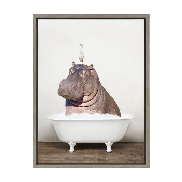 Kate & Laurel Sylvie Hippo And Bird In Rustic Bath Framed Canvas By Amy Peterson Art Studio