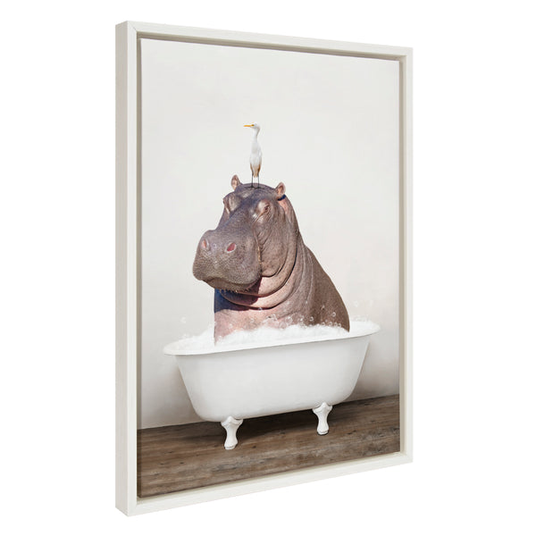 kate & laurel Sylvie Hippo and Bird in Rustic Bath Framed Canvas by Amy Peterson Art Studio