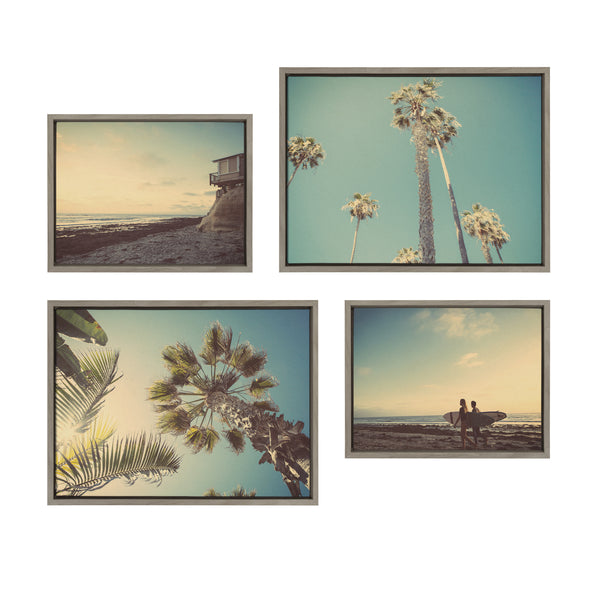 kate & laurel Sylvie House on Beach Palm Trees in Lajolla Palm Tree Sunburst and Surfers Framed Canvas Art Set by Saint and Sailor Studios