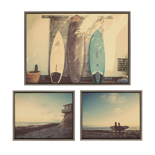 Kate & Laurel Sylvie House On Beach Surfboards And Surfers Framed Canvas Art Set By Saint And Sailor Studios