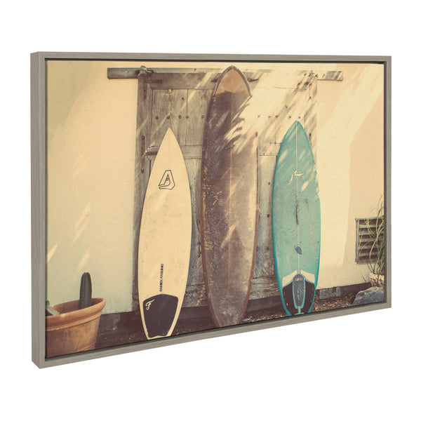 Kate & Laurel Sylvie House On Beach Surfboards And Surfers Framed Canvas Art Set By Saint And Sailor Studios