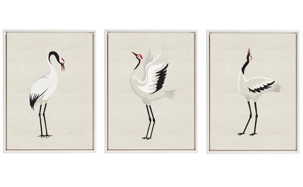 kate & laurel Sylvie Japanese Crane Bird with Red Crown 1. 2 and 3 Framed Canvas Art Set by The Creative Bunch Studio