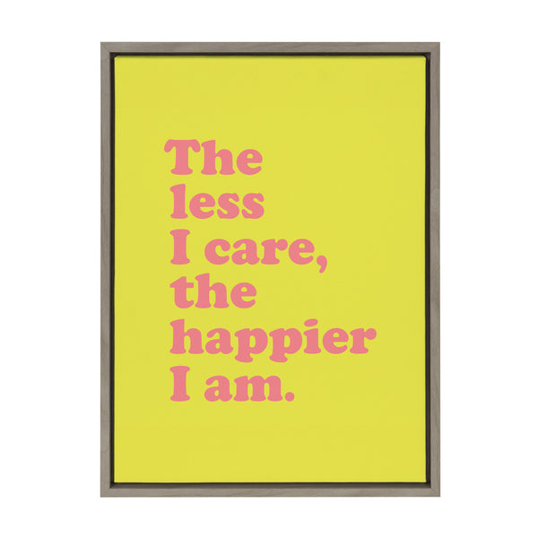 kate & laurel Sylvie Less I Care Happier I am in Yellow and Pink Framed Canvas by Apricot and Birch