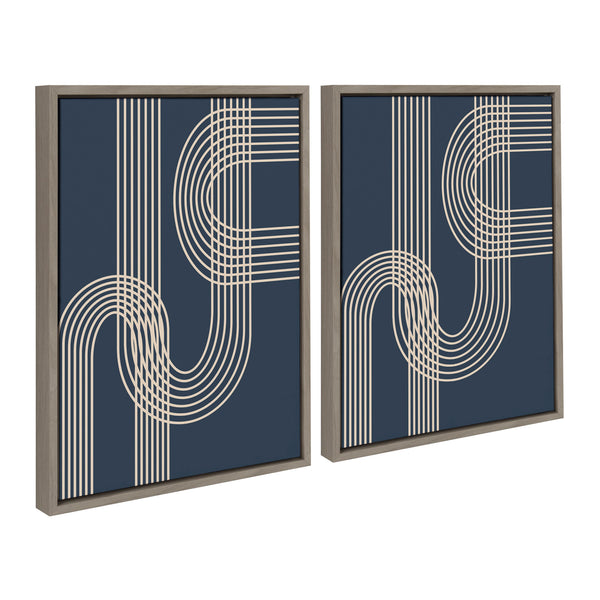 Kate & Laurel Sylvie Lines In Blue Framed Canvas Set By Apricot And Birch