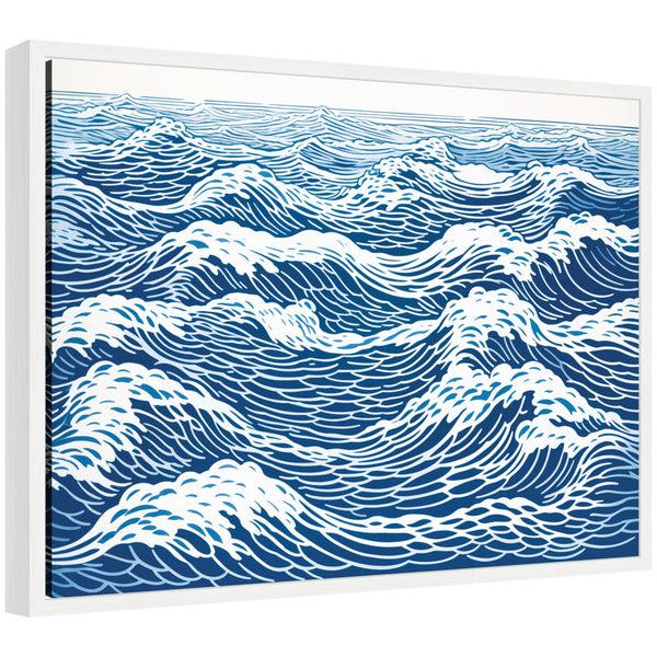 Kate & Laurel Sylvie Linocut Abstract Waves Blue And White Framed Canvas By The Creative Bunch Studio