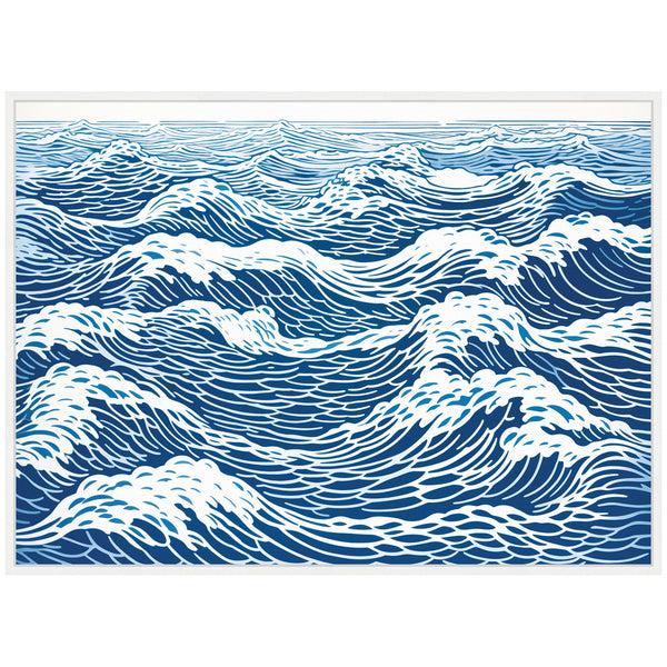 Kate & Laurel Sylvie Linocut Abstract Waves Blue And White Framed Canvas By The Creative Bunch Studio
