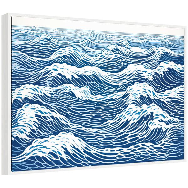 kate & laurel Sylvie Linocut Abstract Waves Blue and White Framed Canvas by The Creative Bunch Studio