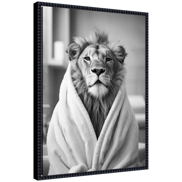Kate & Laurel Sylvie Lion Bathroom Art Towel Robe Black And White Framed Canvas By The Creative Bunch Studio