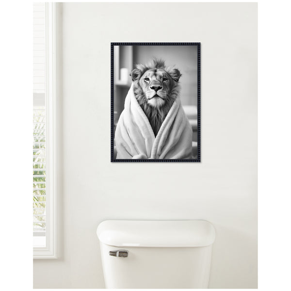 Kate & Laurel Sylvie Lion Bathroom Art Towel Robe Black And White Framed Canvas By The Creative Bunch Studio