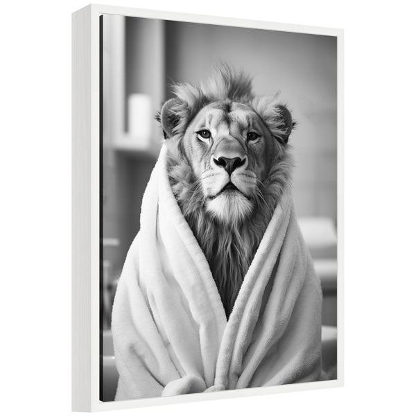 kate & laurel Sylvie Lion Bathroom Art Towel Robe Black and White Framed Canvas by The Creative Bunch Studio