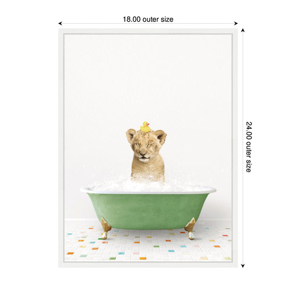 Kate & Laurel Sylvie Lion Cub In Green Bathtub On Colored Tile Framed Canvas By Amy Peterson