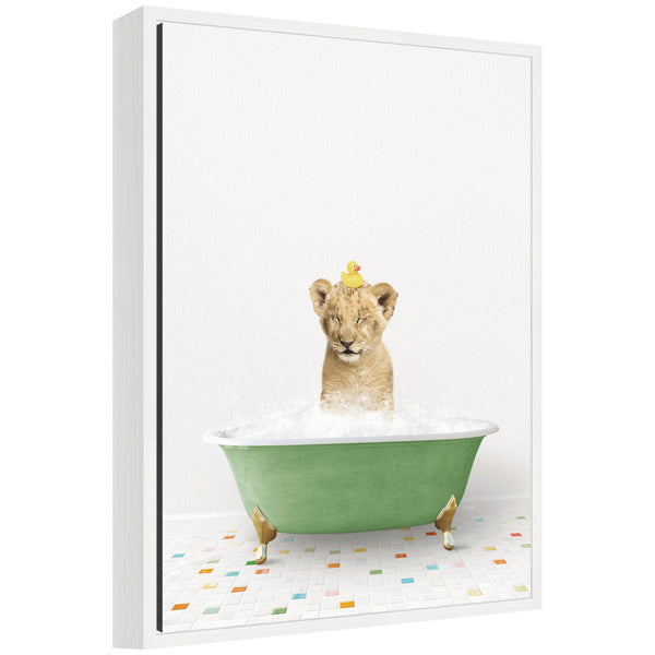 kate & laurel Sylvie Lion Cub in Green Bathtub on Colored Tile Framed Canvas by Amy Peterson