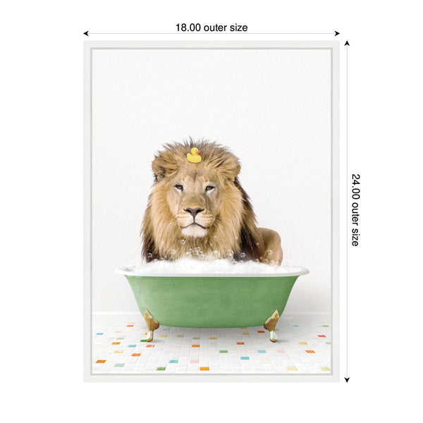 Kate & Laurel Sylvie Lion In Green Bathtub On Colored Tile Framed Canvas By Amy Peterson