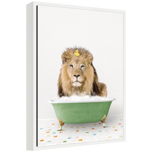 kate & laurel Sylvie Lion in Green Bathtub on Colored Tile Framed Canvas by Amy Peterson