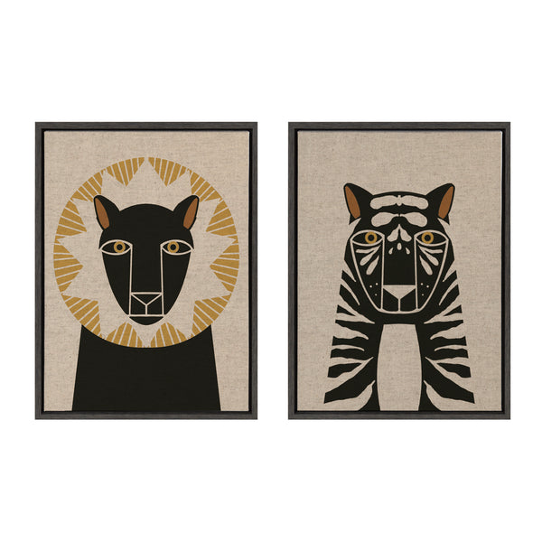 Kate & Laurel Sylvie Lion Profile Neutral Linen And Tiger Profile Neutral Linen Framed Canvas Art Set By Hannah Beisang