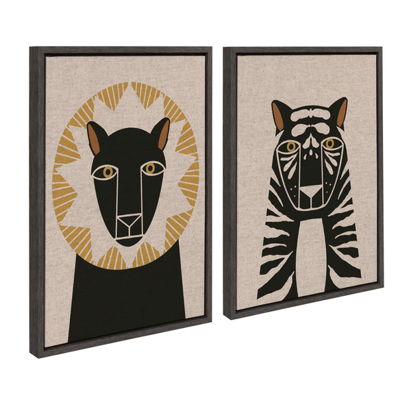 Kate & Laurel Sylvie Lion Profile Neutral Linen And Tiger Profile Neutral Linen Framed Canvas Art Set By Hannah Beisang