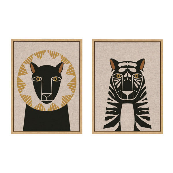 kate & laurel Sylvie Lion Profile Neutral Linen and Tiger Profile Neutral Linen Framed Canvas Art Set by Hannah Beisang