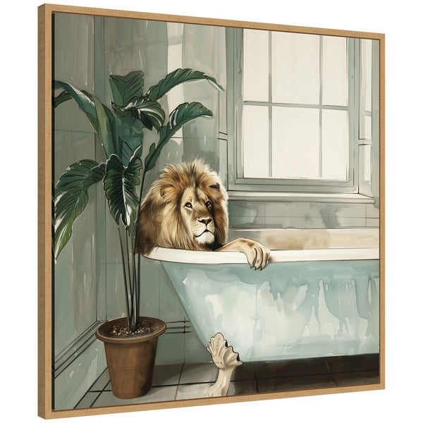 Kate & Laurel Sylvie Lion Relaxing In Tub Zen Bathroom Framed Canvas By The Creative Bunch Studio