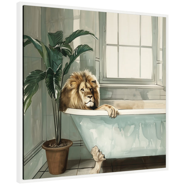 Kate & Laurel Sylvie Lion Relaxing In Tub Zen Bathroom Framed Canvas By The Creative Bunch Studio