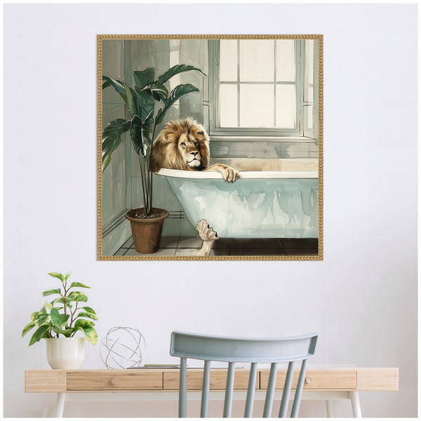 Kate & Laurel Sylvie Lion Relaxing In Tub Zen Bathroom Framed Canvas By The Creative Bunch Studio