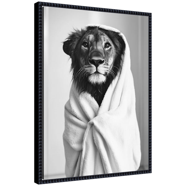 kate & laurel Sylvie Lioness Bathroom Art Towel Robe Black and White Framed Canvas by The Creative Bunch Studio