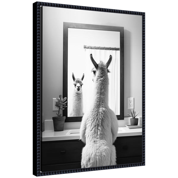 kate & laurel Sylvie Llama Bathroom Art Mirror Black and White Framed Canvas by The Creative Bunch Studio