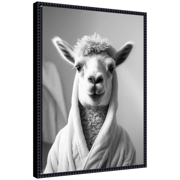 Kate & Laurel Sylvie Llama Bathroom Art Towel Robe Black And White Framed Canvas By The Creative Bunch Studio