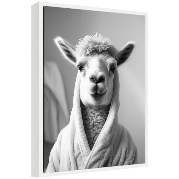 kate & laurel Sylvie Llama Bathroom Art Towel Robe Black and White Framed Canvas by The Creative Bunch Studio