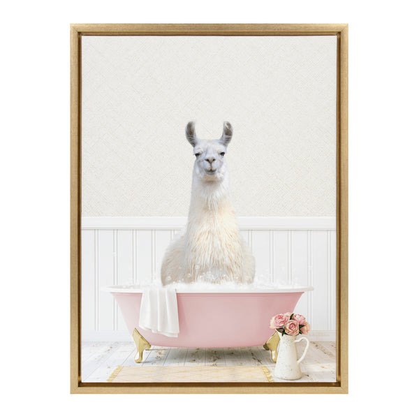 Kate & Laurel Sylvie Llama In Cottage Rose Bath Framed Canvas By Amy Peterson Art Studio