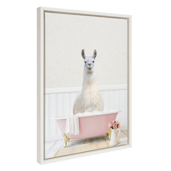 kate & laurel Sylvie Llama in Cottage Rose Bath Framed Canvas by Amy Peterson Art Studio