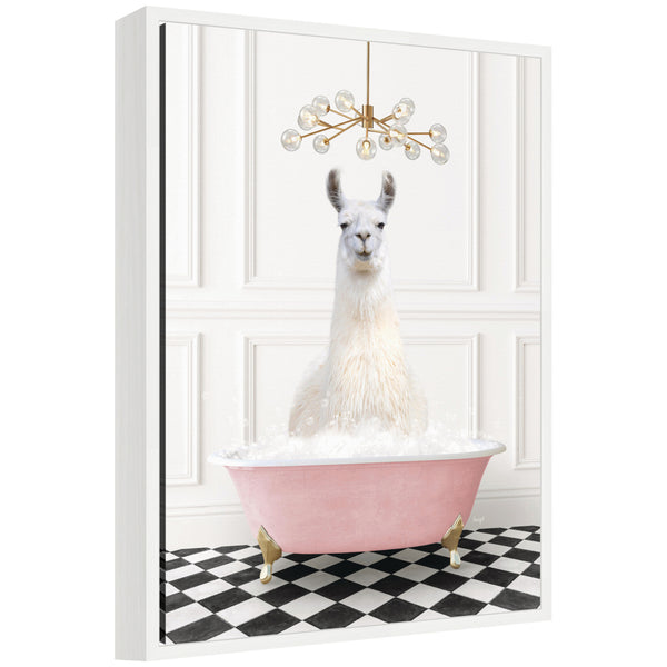 kate & laurel Sylvie Llama in Pink Bathtub on Checker Floor Framed Canvas by Amy Peterson