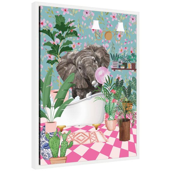 Kate & Laurel Sylvie Maximalist Bathroom Elephant Bubblegum Framed Canvas By Honey Island Studio