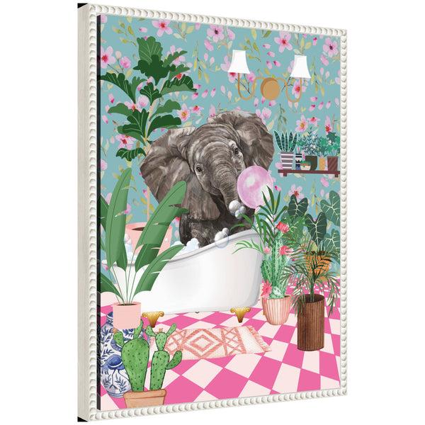 kate & laurel Sylvie Maximalist Bathroom Elephant Bubblegum Framed Canvas by Honey Island Studio